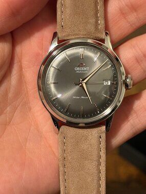 Orient Automatic Grey Dial Tan Suede Date - New in Box